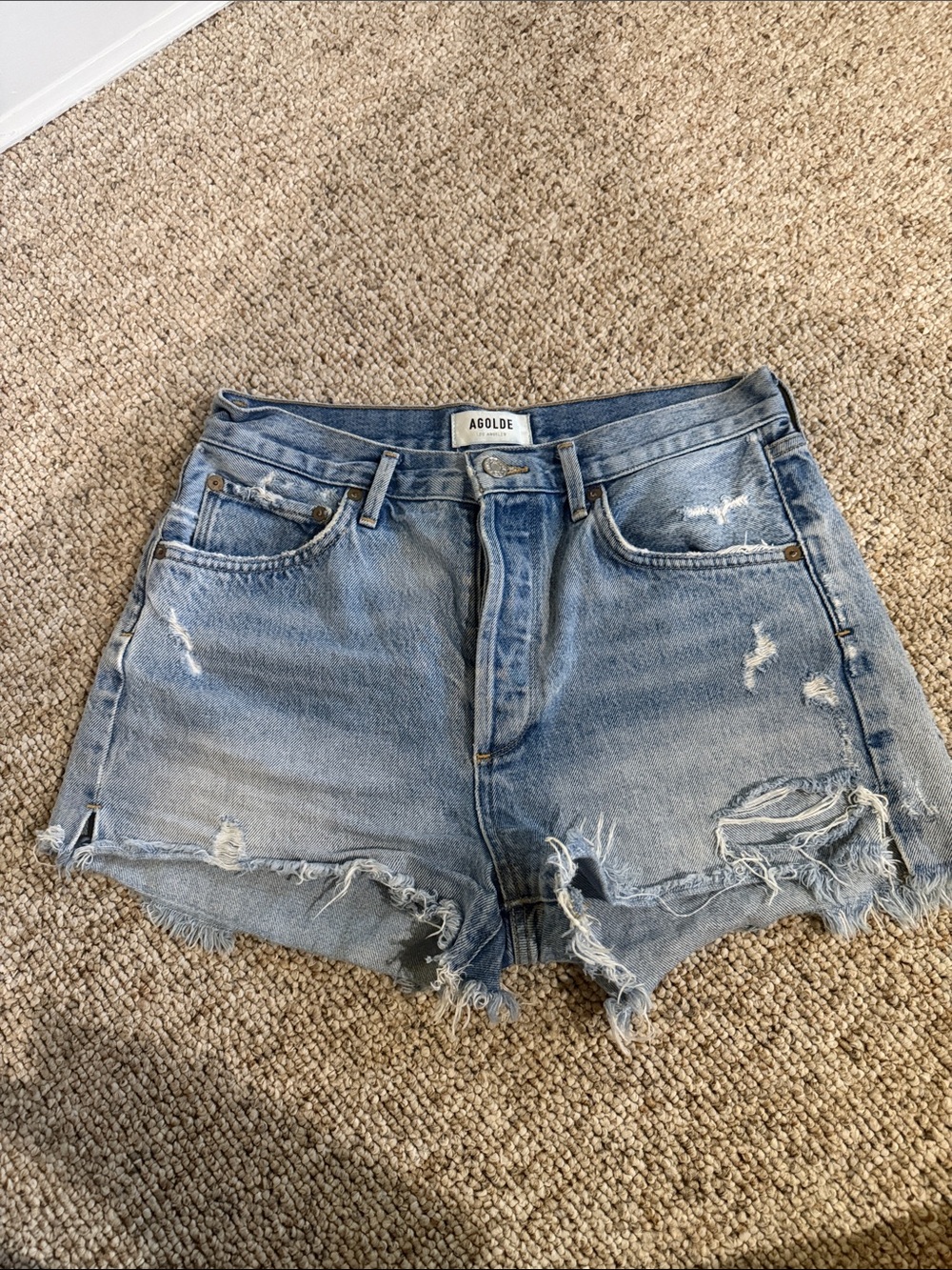 Agolde Jaden Light Wash Distressed Denim Cutoff Shorts